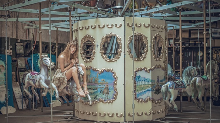 barefoot, girl, carousel, B, authentique, blonde