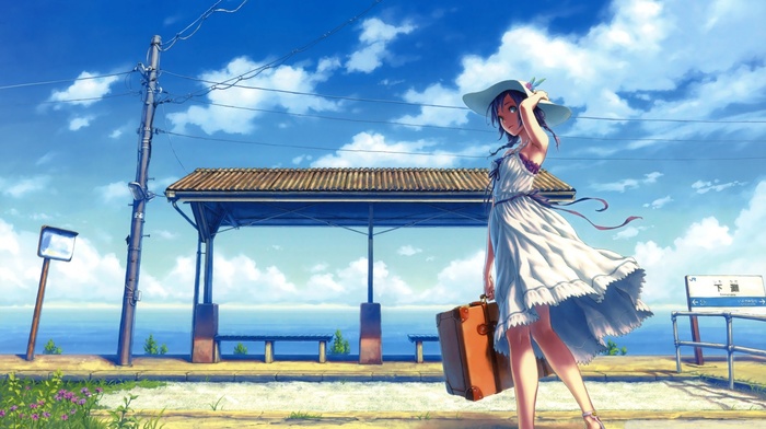 sky, suitcase, dress, sea, anime girls, utility pole, windy, anime, original characters