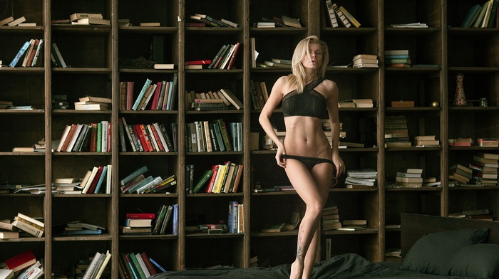 black lingerie, blonde, girl, tattoo, books, bed, shelves