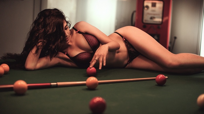 brunette, model, Laurent Kac, girl, billiard balls, pool table, lingerie, hands on head