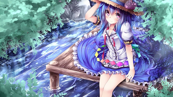 Hinanawi Tenshi, dress, water, touhou, straw hat, anime, purple eyes