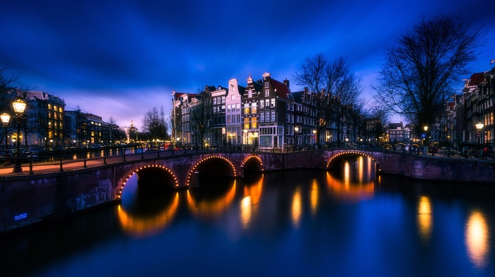 Netherlands, cityscape, lights, street light, dusk, reflection, Amsterdam, bridge, long exposure, night