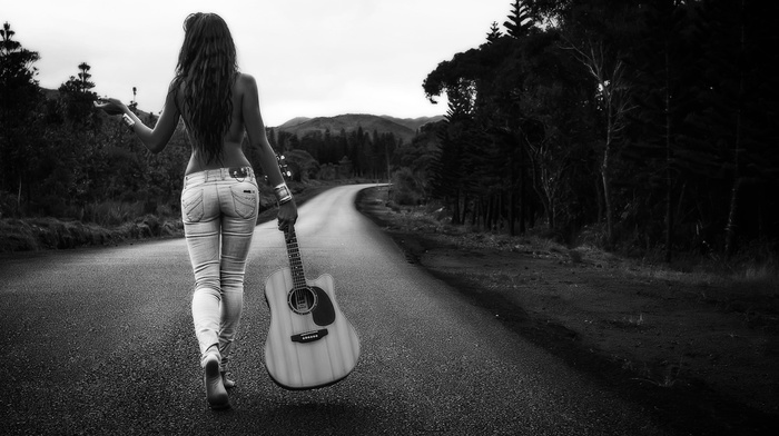 guitar, road, girl outdoors, model, monochrome, girl