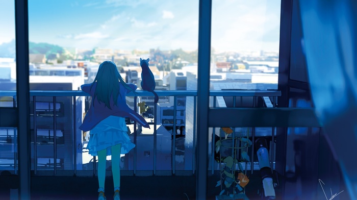 sky, cat, window, city, balcony, anime, original characters, anime girls