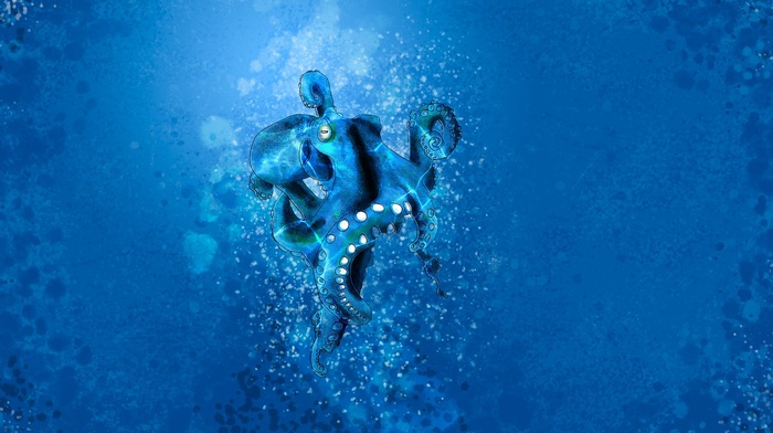 paint in water, octopus, blue, painting