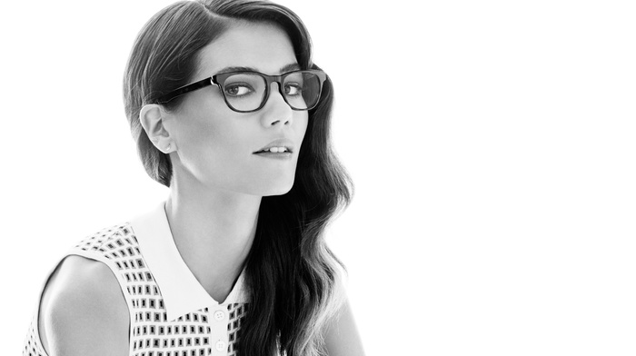 girl, glasses, monochrome, looking at viewer