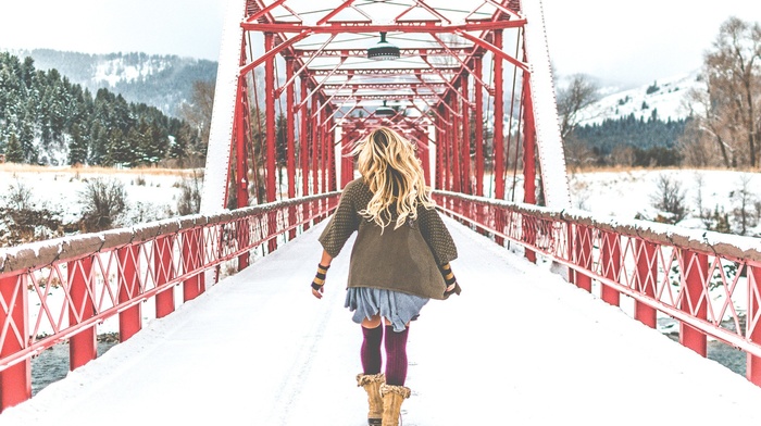 bridge, winter, girl, stockings, knee, highs, girl outdoors, blonde, hippie