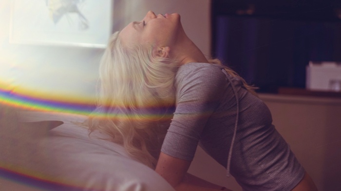 model, girl, closed eyes, blonde, rainbows