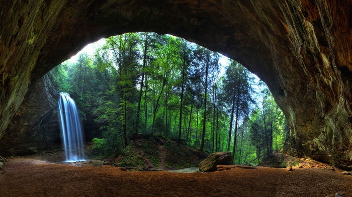 sand, stream, trees, rock, stones, cave, waterfall, landscape, nature, long exposure, forest