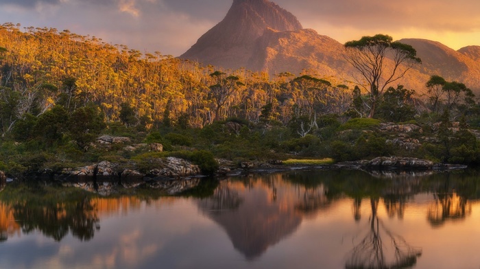 photography, Tasmania, nature, lake, trees, mountains, landscape, water, reflection, sunset