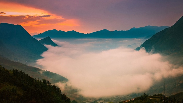 photography, pink, sky, mountains, nature, valley, mist, trees, landscape