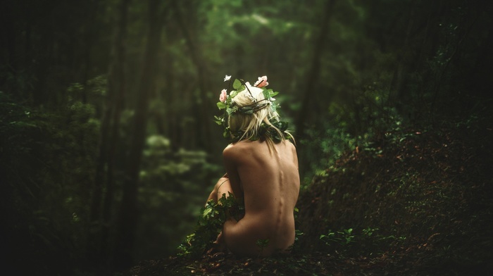 back, depth of field, blonde, forest, strategic covering, girl outdoors, leaves, rear view, girl, flower in hair
