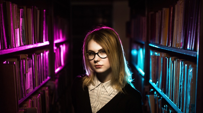 library, girl, glasses