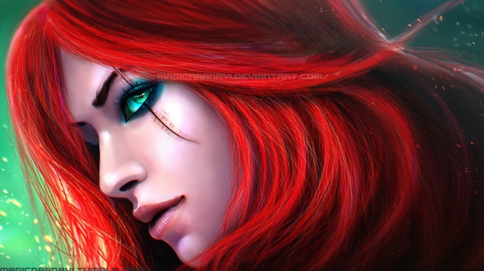 green eyes, redhead, digital art, magicnaanavi, Katarina, artwork