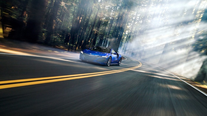 Acura NSX, road, motion blur, forest, mist, vehicle, car