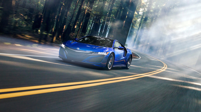 car, dual monitors, motion blur, Acura NSX, mist, road, vehicle, forest, multiple display, blue cars