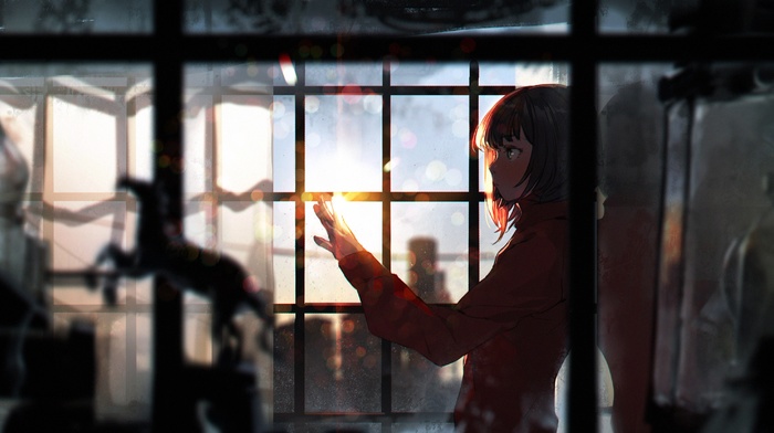 artwork, anime girls, window, anime