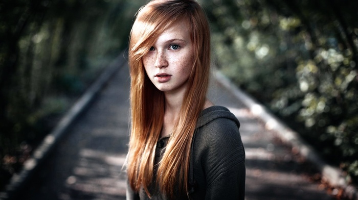 face, model, girl, redhead, railway, portrait, freckles