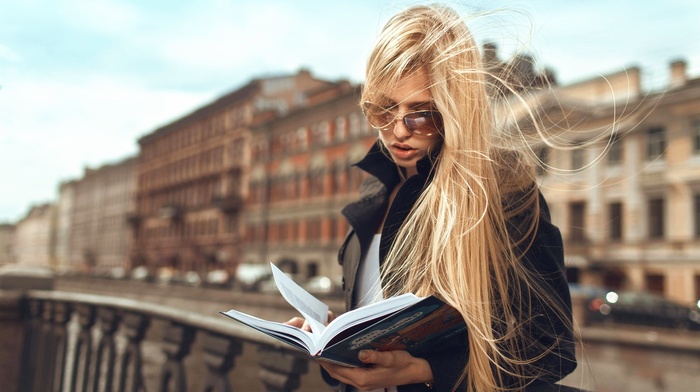 model, girl with glasses, books, girl