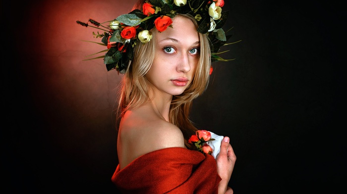 model, wreaths, flowers, girl