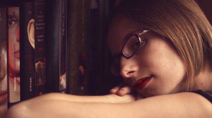 girl, glasses, library
