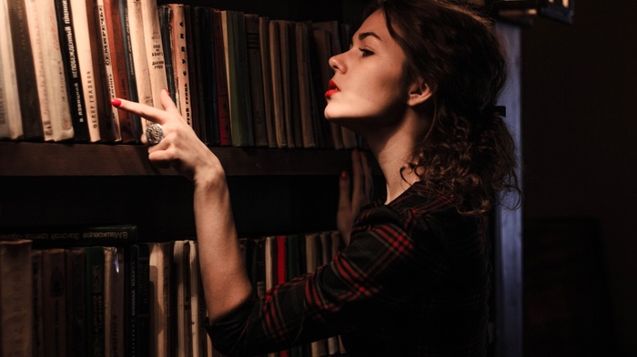 library, girl, curly hair
