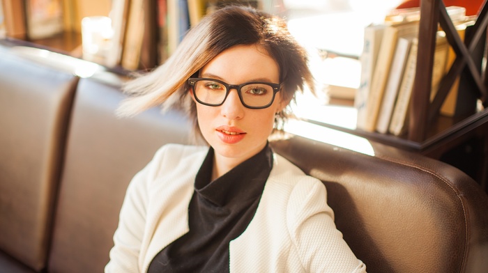 girl, library, glasses