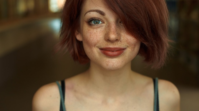 freckles, redhead, Mayya Giter, girl, looking at viewer, green eyes