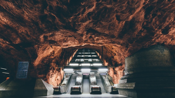rock formation, underground, Sweden, subway, rock, stockholm, escalator