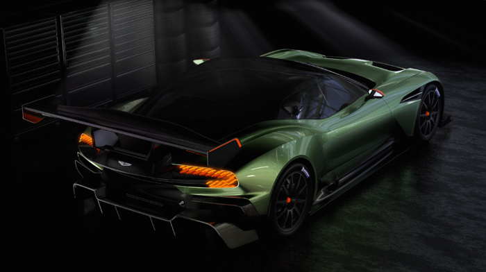 vehicle, Aston Martin Vulcan, simple background, Super Car, spotlights, garages, car
