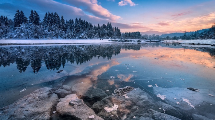 landscape, winter, trees, cold, snow, reflection, sunset, hills, photography, nature, clouds, river