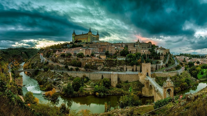 city, sunset, Spain, river, bridge, Toledo, landscape, hills, building, architecture, clouds, photography