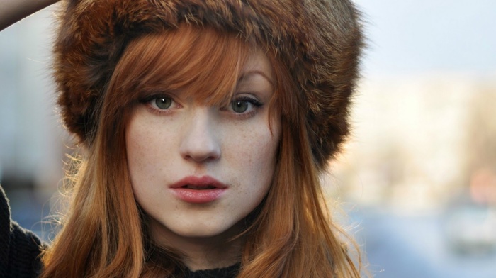 redhead, green eyes, looking at viewer, girl, Alina Kovalenko, fluffy hat, freckles