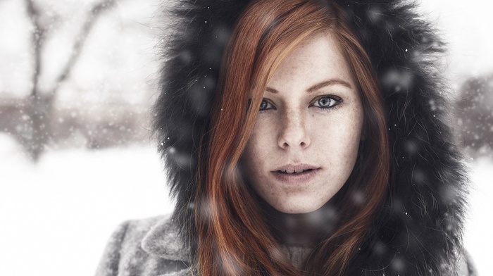 girl, redhead, winter, freckles