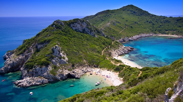 beach, summer, photography, landscape, sand, blue, sky, sea, island, hills, boat, Greece, nature, shrubs