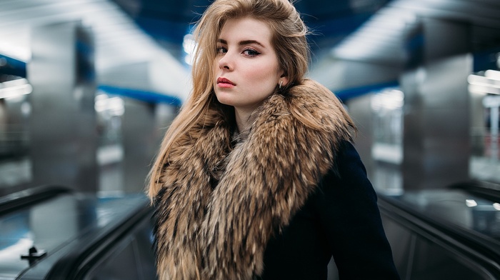 fur, blonde, long hair, girl, russian, model, Ivan Proskurin, looking at viewer, portrait, fur coats, depth of field, makeup, Irina Popova