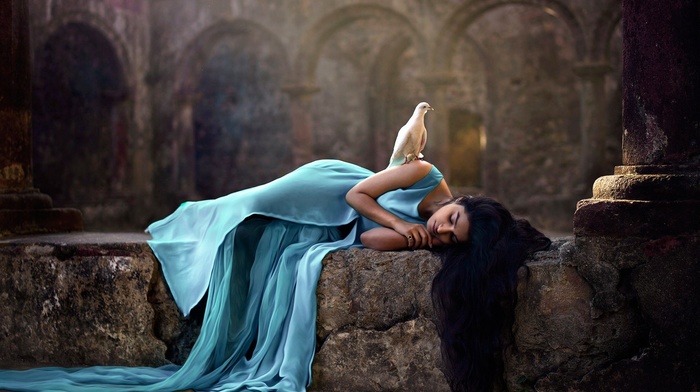 indian, girl, long hair, blue dress, dove, pillar, birds, model, lying down, brunette