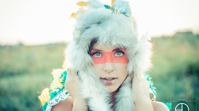 face paint, looking at viewer, fluffy hat, girl, green eyes