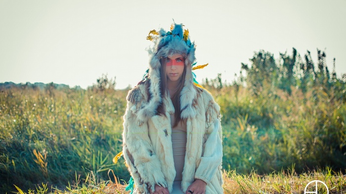 girl, face paint, blue eyes, fluffy hat, looking at viewer