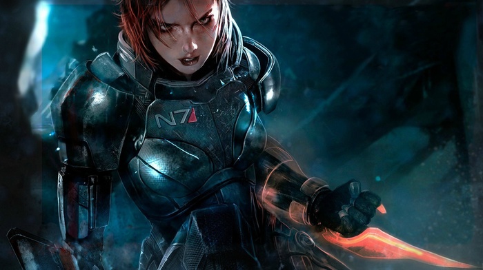 Commander Shepard, Fem Shep, video game characters, blue, space, Mass Effect