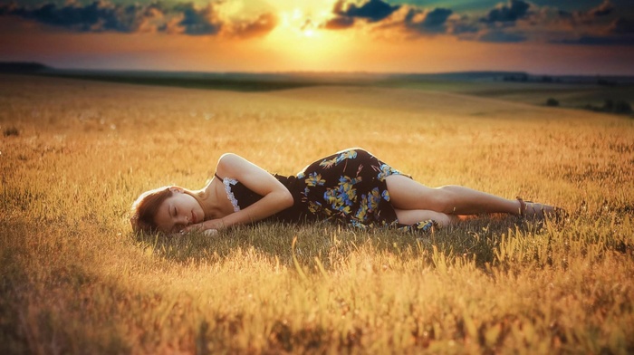 girl, lying down, summer  dress, field