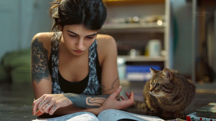 books, tattoo, cat, girl, introvert