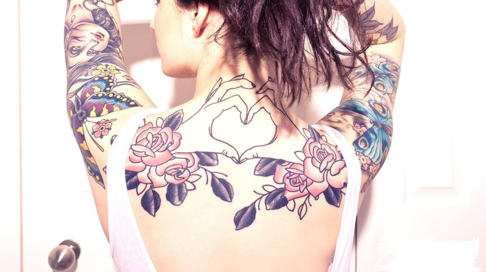 girl, back, tattoo