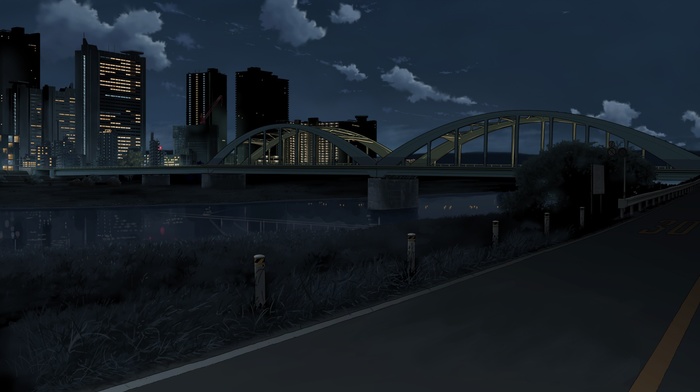 landscape, bridge, city, anime, night
