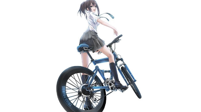 bicycle, anime, anime girls, school uniform, simple background, girl with bikes