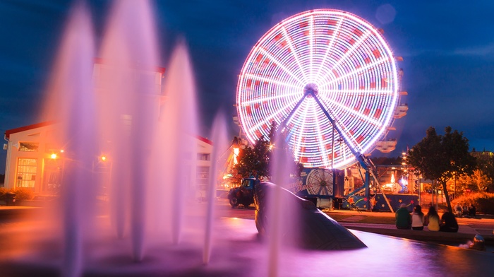 ferris wheel, night, city, fountain, long exposure