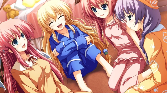 visual novel, pink pajamas, Akatsuki no Goei, anime girls, Kurayashiki Tae, Nikaidou Aya, Nikaidou Reika