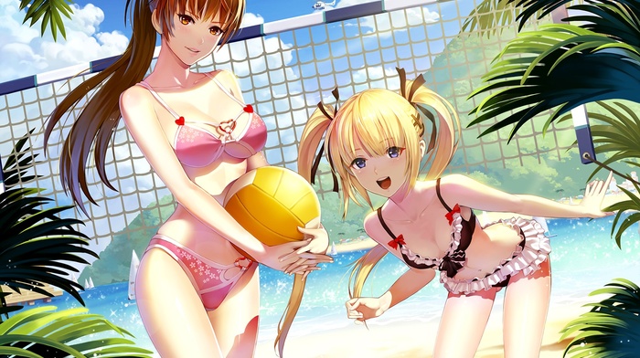 volleyball, twintails, Kasumi, Dead or Alive, ponytail, cleavage, Marie Rose, blue eyes, bikini, blonde, beach