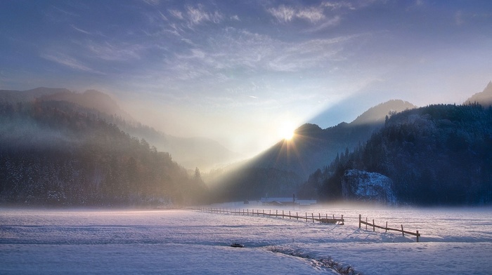sun rays, sunlight, winter, Germany, mist, mountains, landscape, nature, sunset, fence, forest, photography, snow