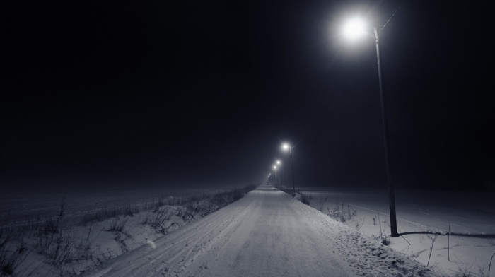 night, snow, winter, lamp, road